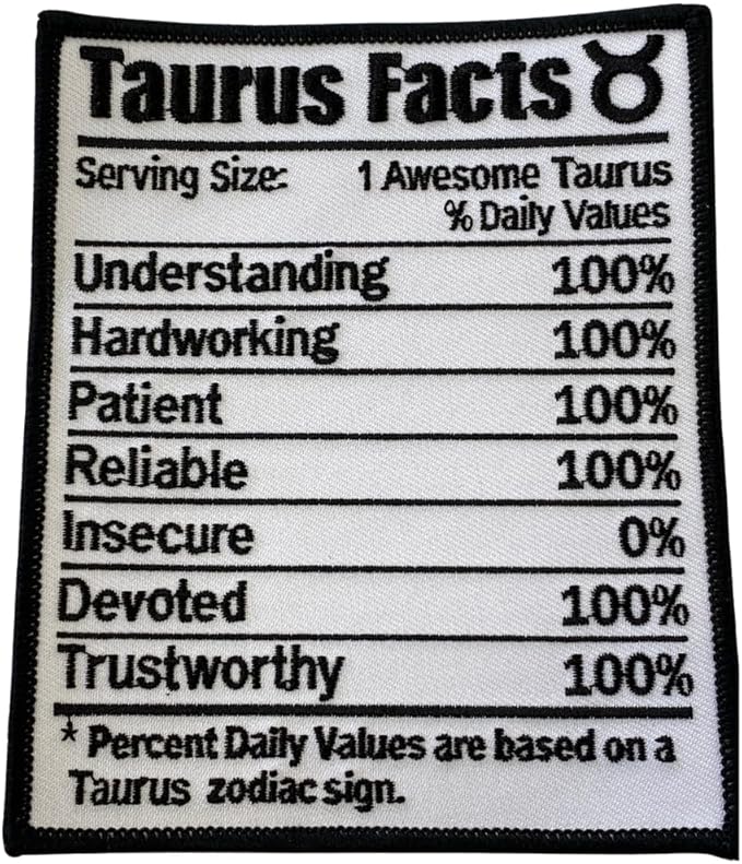 PATCHPARTYCLUB Zodiac Taurus Black & White Nutritional Facts Patch, Iron-on Embroidered Patch, Astrological Patch, Patches for Clothes, Size 5