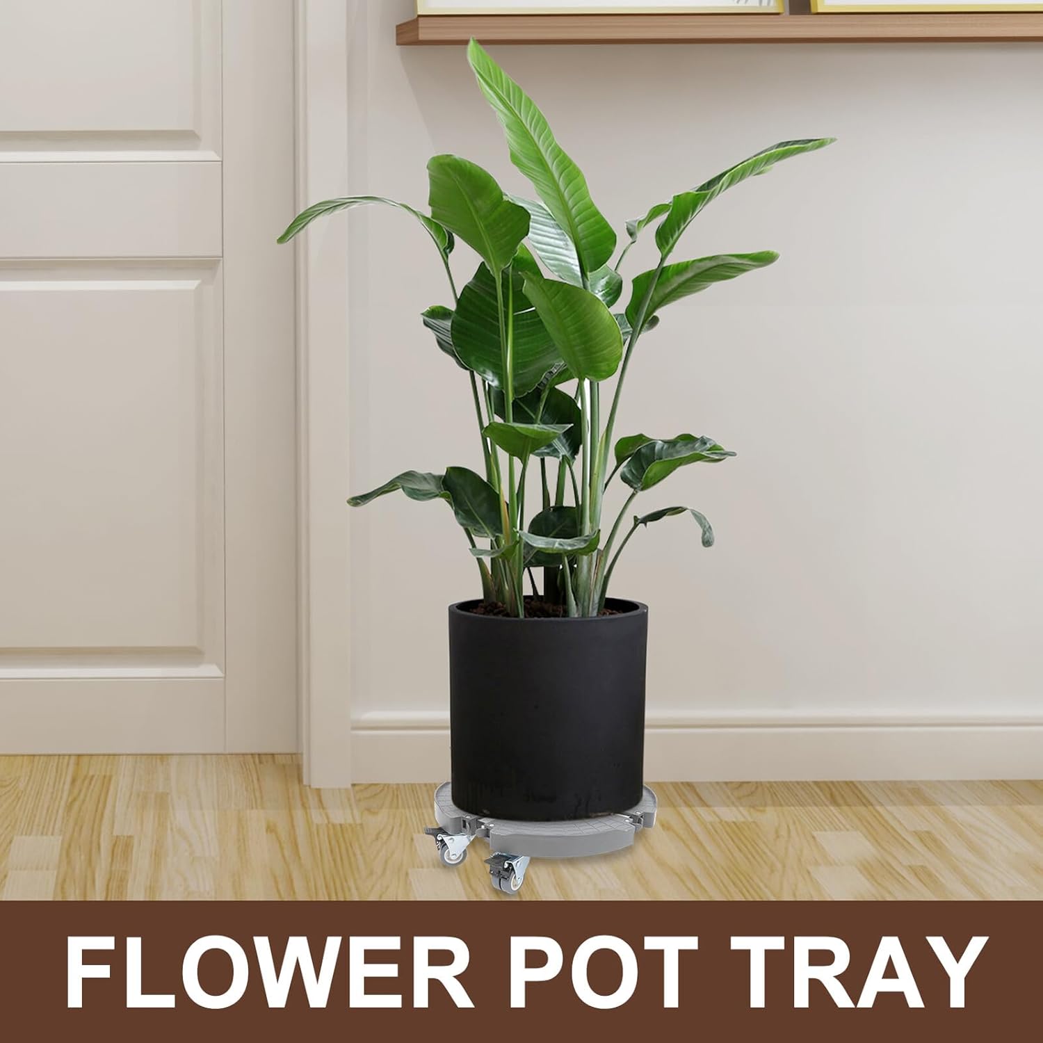 Hemoton Movable Plant Saucer with Wheels Heavy Duty Plastic Plant Pot Tray Dolly for Indoor and Outdoor Use Gray