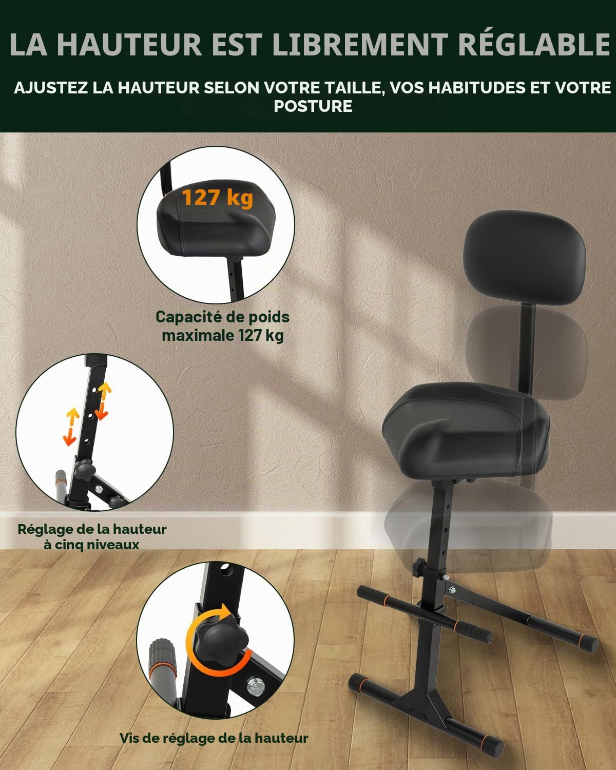 Strich SGT-40 Tabouret de Guitare avec Dossier, siège réglable en Hauteur avec Crochet de Suspension pour Basse électrique Acoustique, Tabouret de Batterie pour Adultes, batteurs et guitaristes