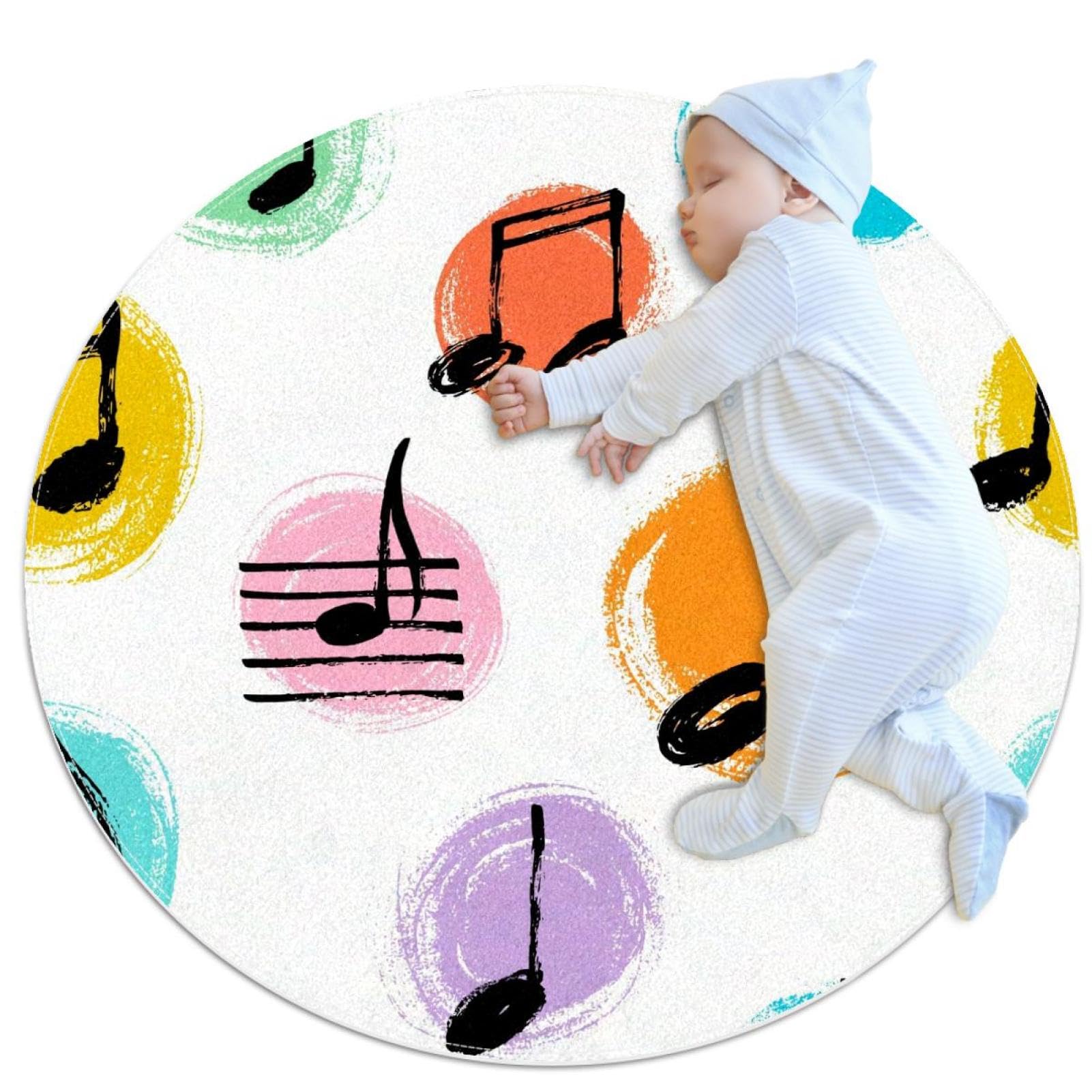 Tapis de salle de bain rond de 1m à notes de musique et pois colorés
