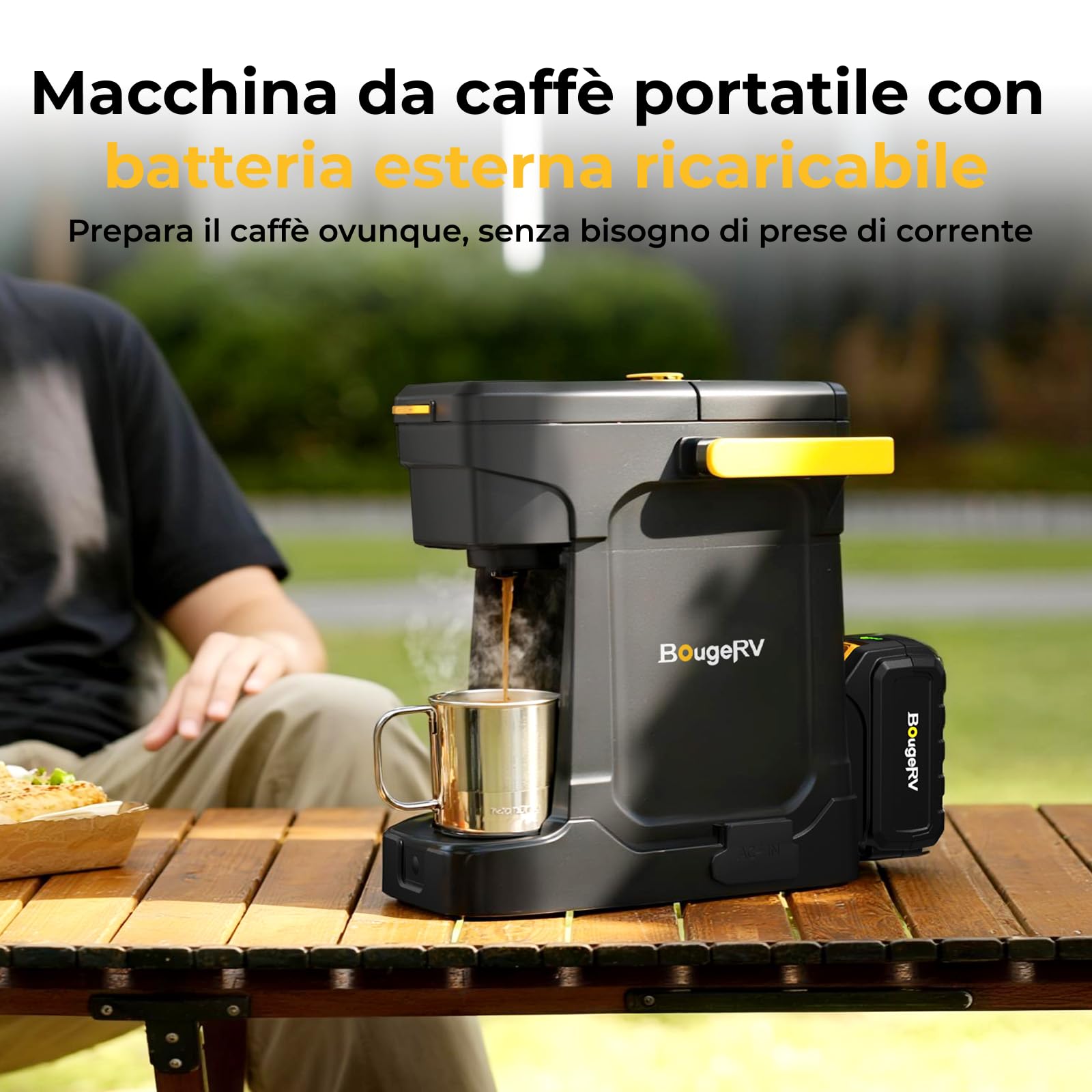 BougeRV Macchina da Caffè a Batteria 144Wh (8Ah), da Campeggio | AC 230V, 6 Tazze da 240ml, Caffettiera Portatile per Caffè Macinato e Cialde, Coffee Maker per Cantiere, Camion e Camper