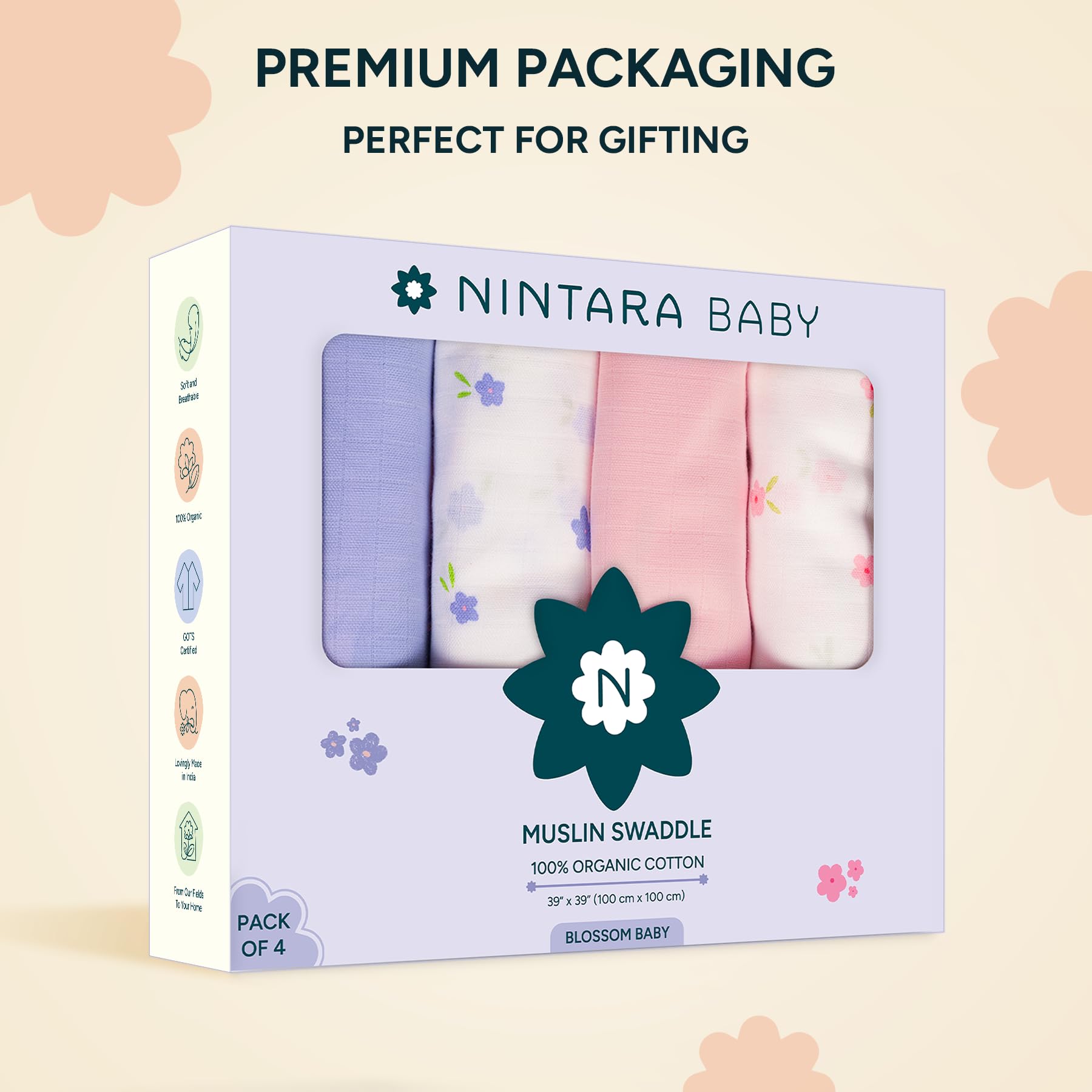 NINTARABABY Muslin Swaddle Blankets for Newborns Pack of 4, 100% Organic Cotton, Ultra-Soft & Breathable - Image 4