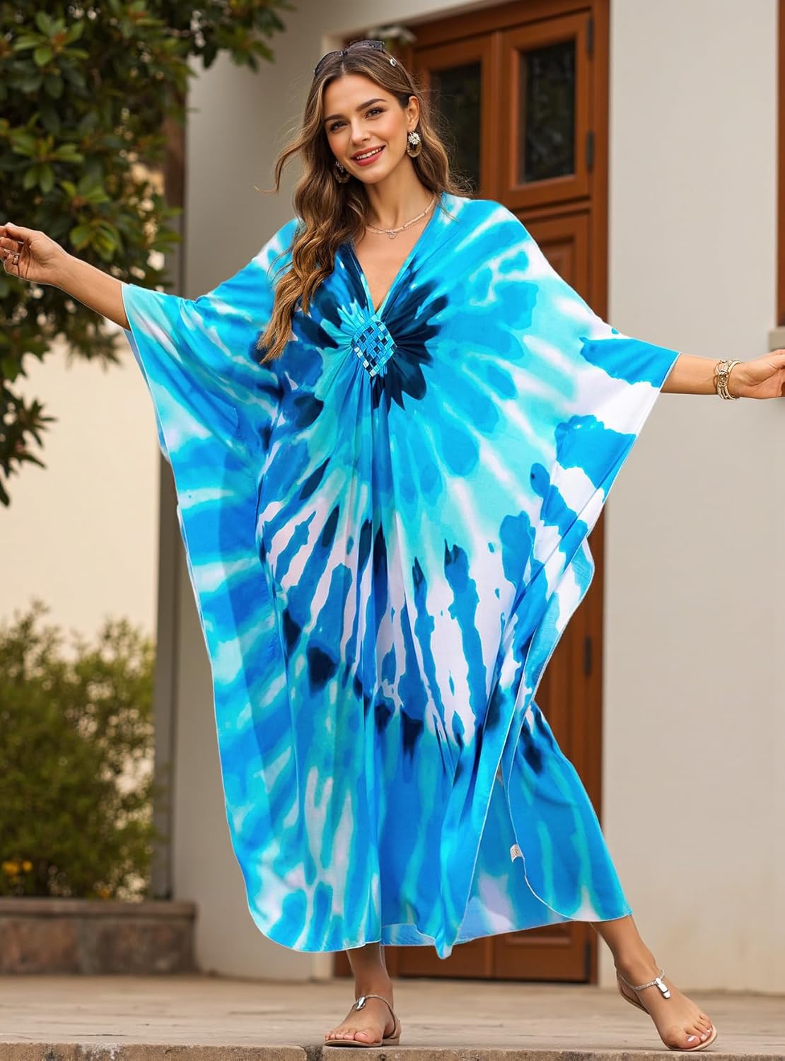Kaftan Dresses for Women Plus Size Flowy Cover Up Batwing Sleeve Beach Dress Swimsuit Loungewear Lightweight Maxi - Image 5
