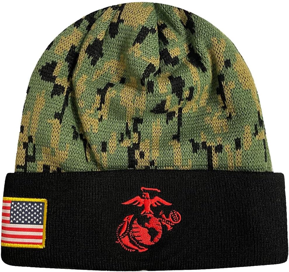 Icon Sports U.S. Military Beanie – Official Embroidered Flag Patch Warm Winter Knit Cap Adult Unisex Hats for Men Women (U.S. Marine/Black Digital Camo, One Size)