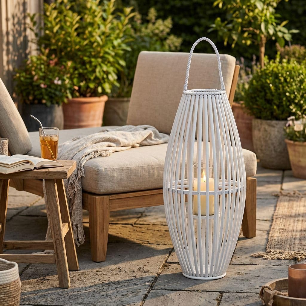 Milani Home - lanterna in vimini e vetro bianco, portacandela da giardino, portico e veranda, manico e corda, decorativa