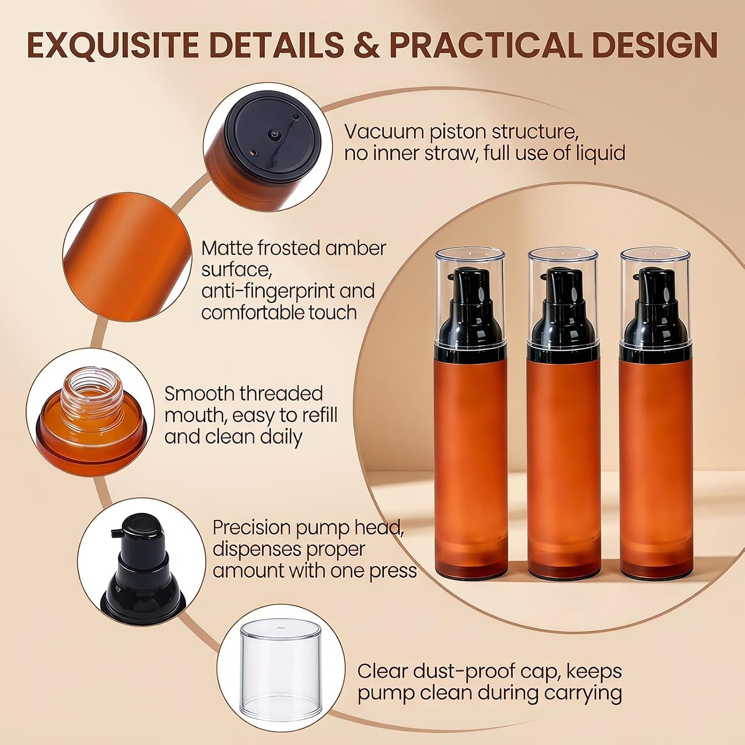 3PCS 30ML Frosted Plastic Airless Lotion Pump Bottles Travel Size | Strawless Airless Vacuum Design,with color labels & Storage Bag; for lotion,essential oil
