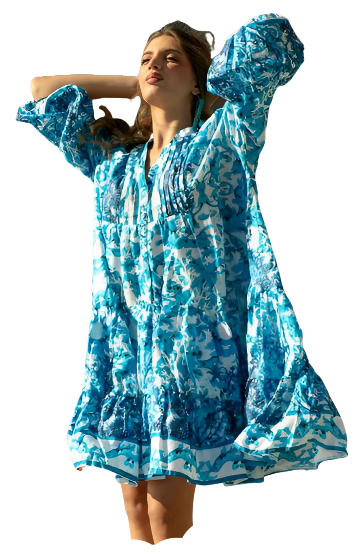 Antica Sartoria - Vestido Herculano 89 en Algodon Estampado, Cuello Mao y Abertura Delantera. Mangas 3/4, teminacion de Cenefa en Mangas y bajo. Talla Unica Muy Amplia