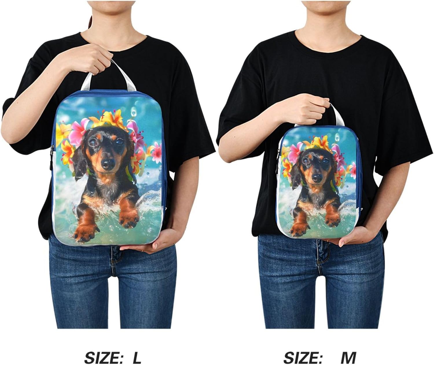MNSRUU Compression Packing Cubes for Suitcases 3 Set, Cute Dachshund Puppy Surfing on Wave Travel Luggage Organiser Portable Toiletry Storage Bags for Clothes Shoes Home Storage