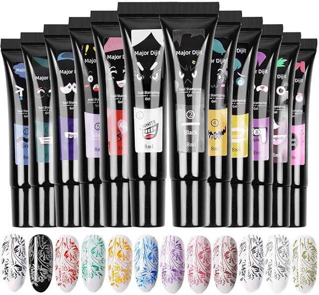DouborQ Nail Stamping Polish Gel 8ML Nail Art UV Gel Polish For Nail Stamper Plate 12 Colors (12 Colors/Set)