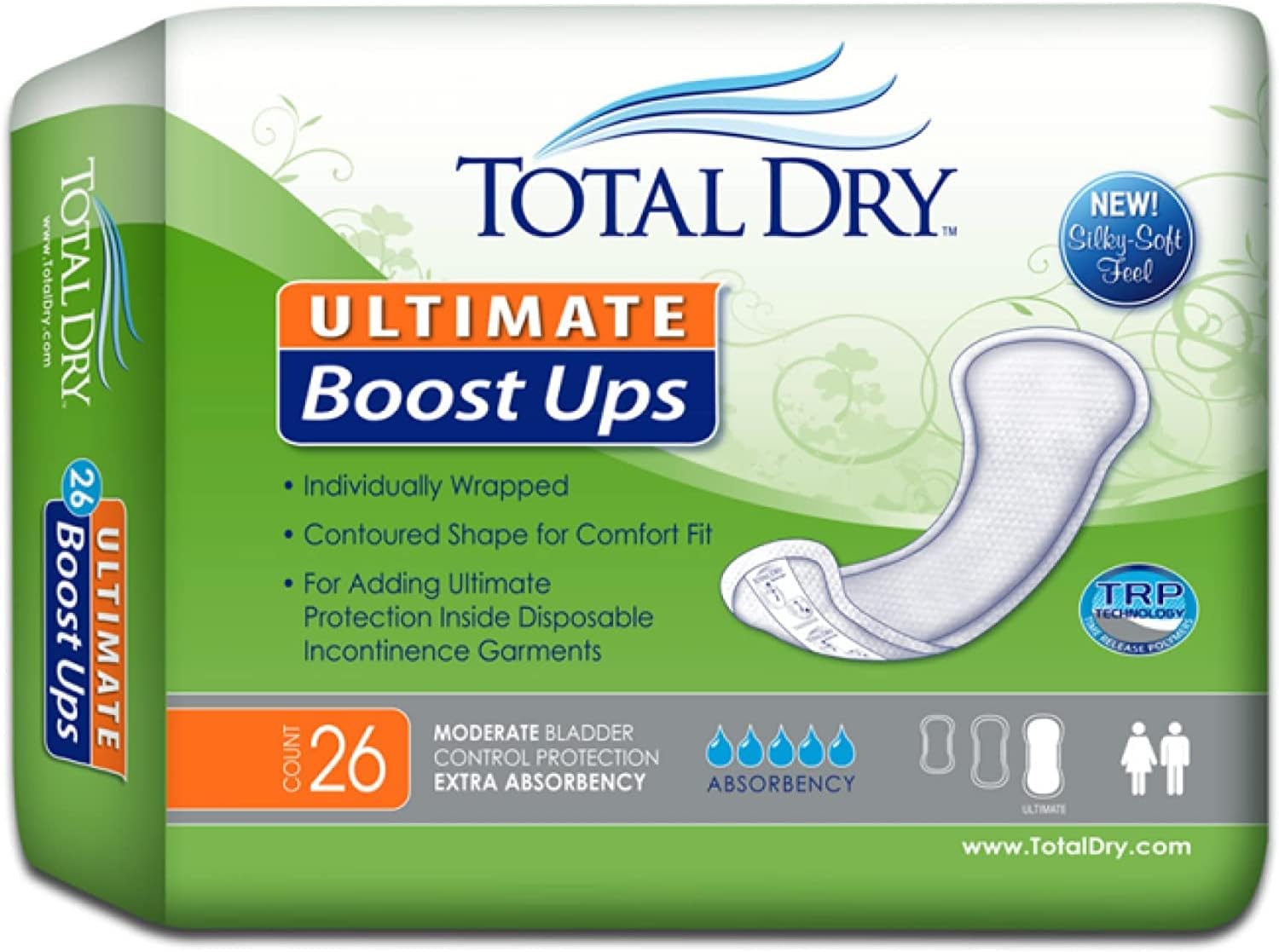 TotalDry Ultimate Boost Ups Incontinence Pads for Women & Men – FSA HSA Approved Adult Incontinence Pads for Disposable Garments – Contour-Shaped Bladder Control Pads(26 Pcs)