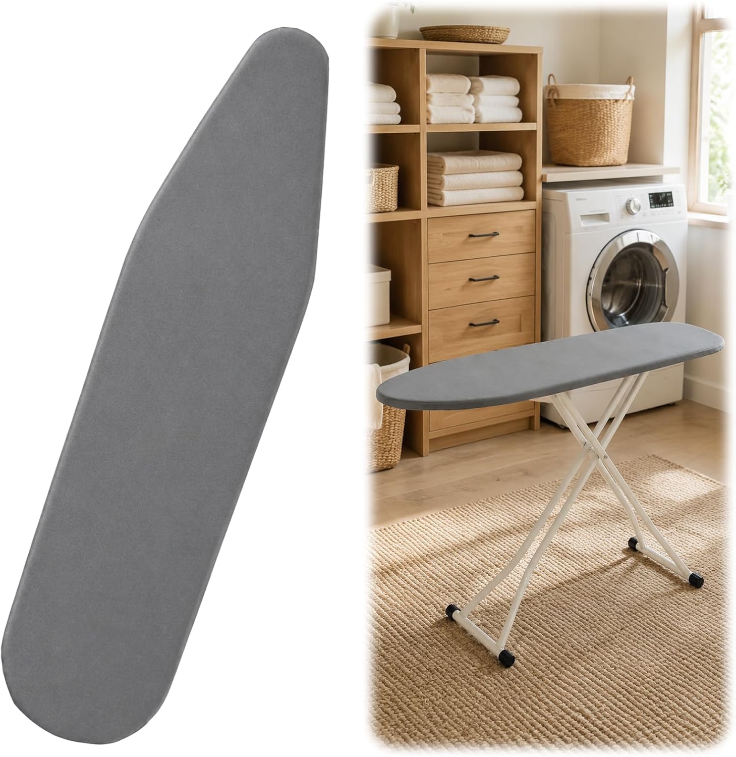 Tingjoo 15 x 54 Inch Ironing Board Cover and Pad, 4‑Layer Thick Padded | Ironing Board Cover Set with 3 Fastening Strap and 1 Pull Bungee Cord Surface Resists Scorch & Stains for Iron Board
