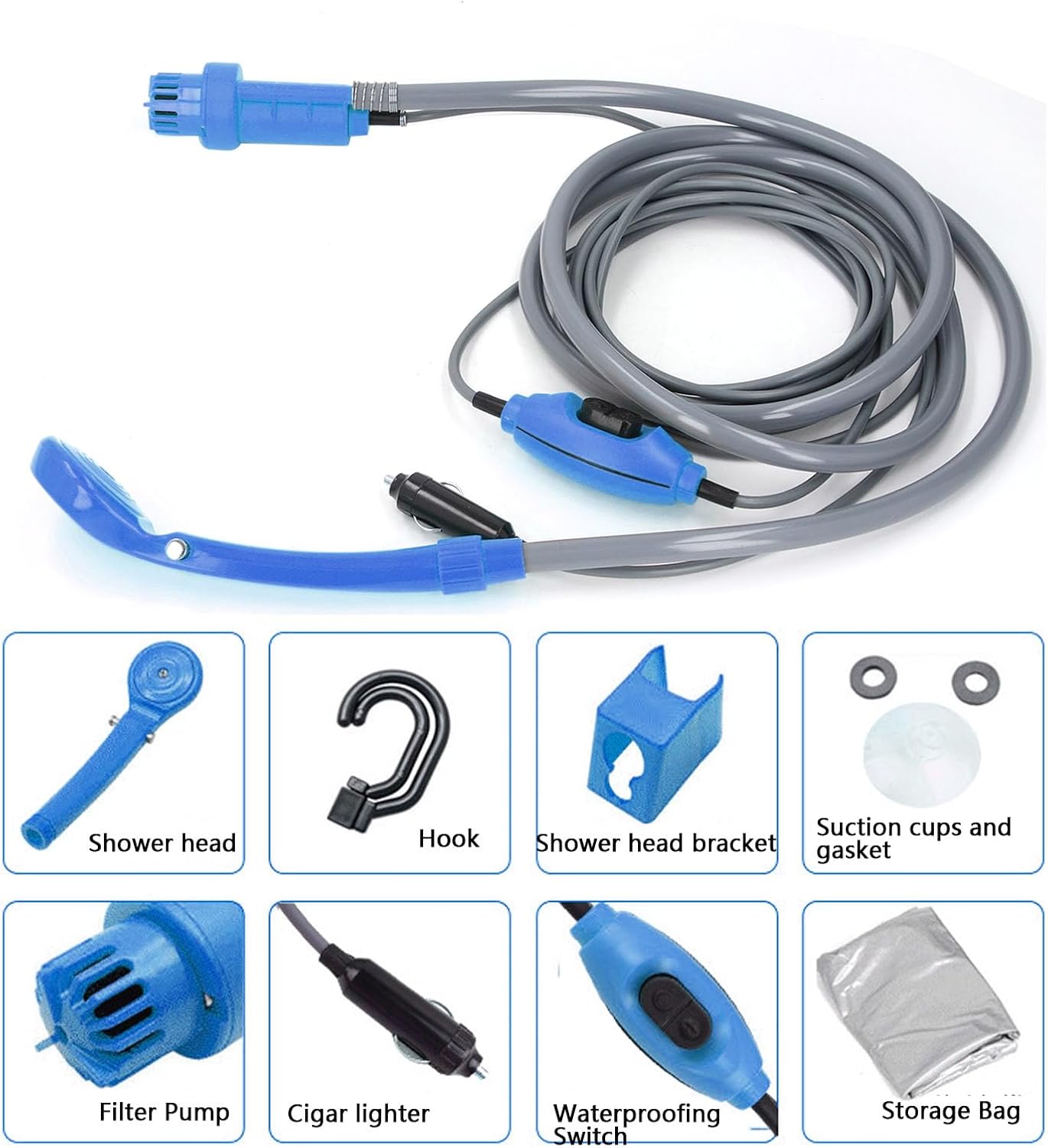 JTLB Adjustable Water Camping Shower Kit, Portable Outdoor Camping Shower System, with Suction Cup and Hooks for Car Washing, Travel (Blue)