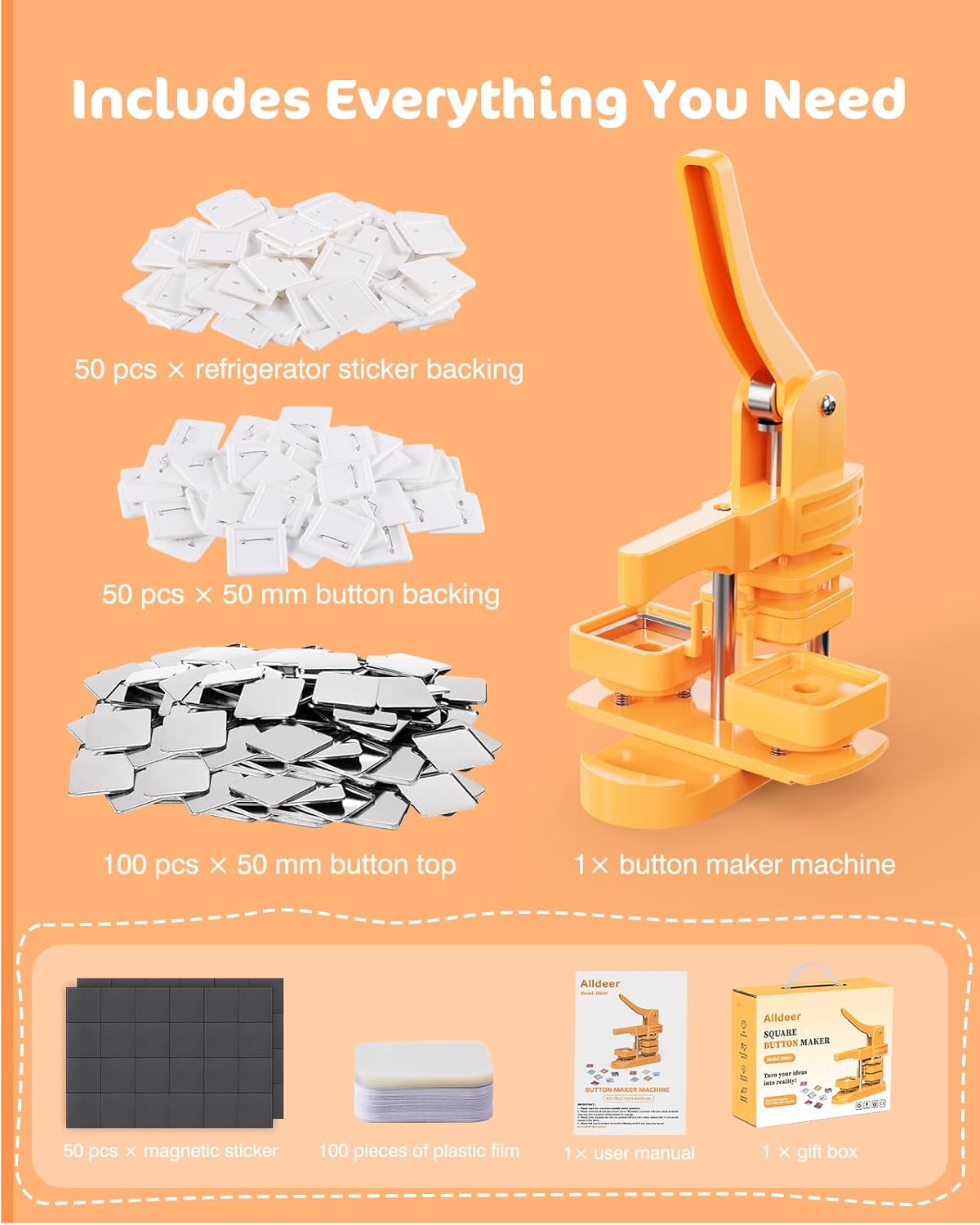 Alldeer-Square-Button-Maker-Machine, 50mm/1.97 inch Fridge Magnet Button Maker Kit, with 50pcs Magnet Supplies   50pcs Plastic Pinback Supplies, Easy Craft Tool for DIY Gifts
