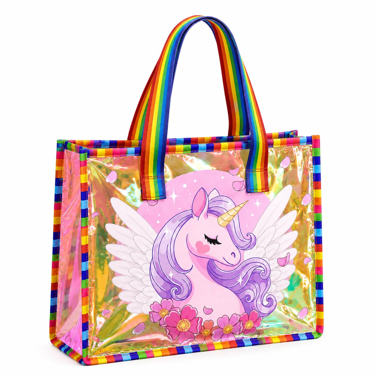 Cute Mermaid,Magical Unicorn Wings,Astronaut, Stylish Cat,Cute Love Unicorn Transparent 50 GsmTote Bag – Rainbow Handles | Spacious, Durable & Stylish PVC Bag-image-47