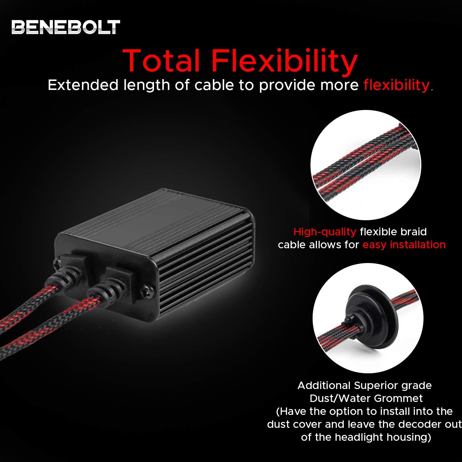 BENEBOLT H8 H9 H11 LED Decoder with Anti Flicker Resistor - Solves CANBUS problems Radio interference Error Code for LED Headlight bulbs - With Extra length Dust grommet & 2 Years protection - 1 Pair