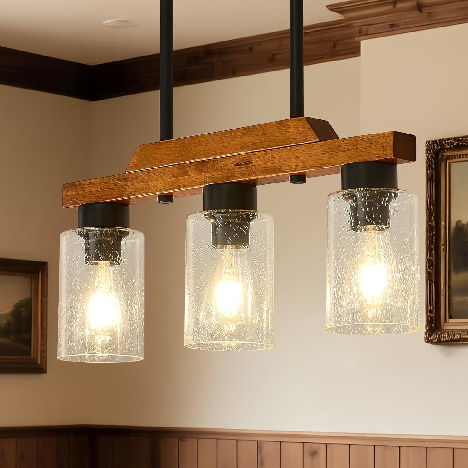 Modern Wood Glass Chandelier 3 Light Rustic Farmhouse Chandeliers Wood Island Linear Pendant Light Height Adjustable for Dining Room Living Room Kitchen (3 Light)