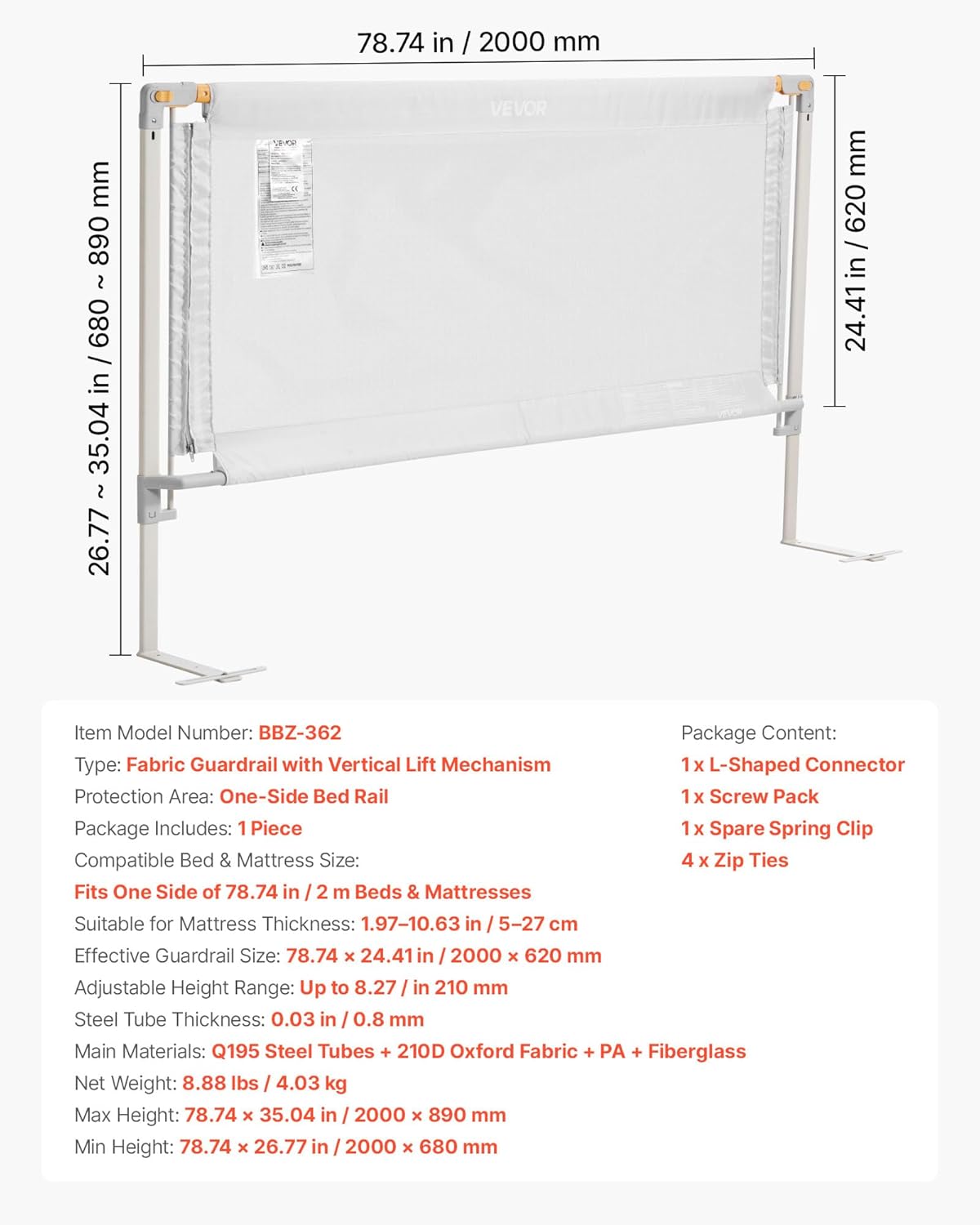 VEVOR Toddler Bed Rail, Kids Beds Guard Rail with Reinforced Iron Pipe and Oxford Cloth, Adjustable Height Bed Side Railing, Portable Guard Bumper Barrier for Crib, Bunk, 78.74 x 35.04 in, 1 Piece