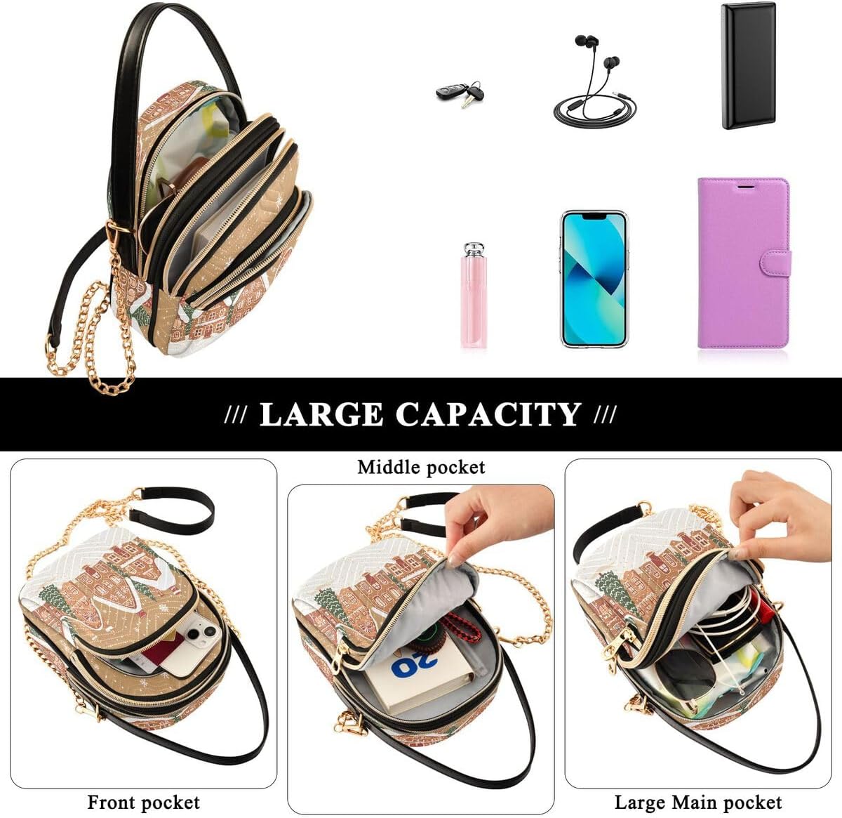 ALAZA Village Gingerbread Snowflake Merry Christmas Crossbody Bag Small Shoulder Handbags Leather Purse for Women - Image 6