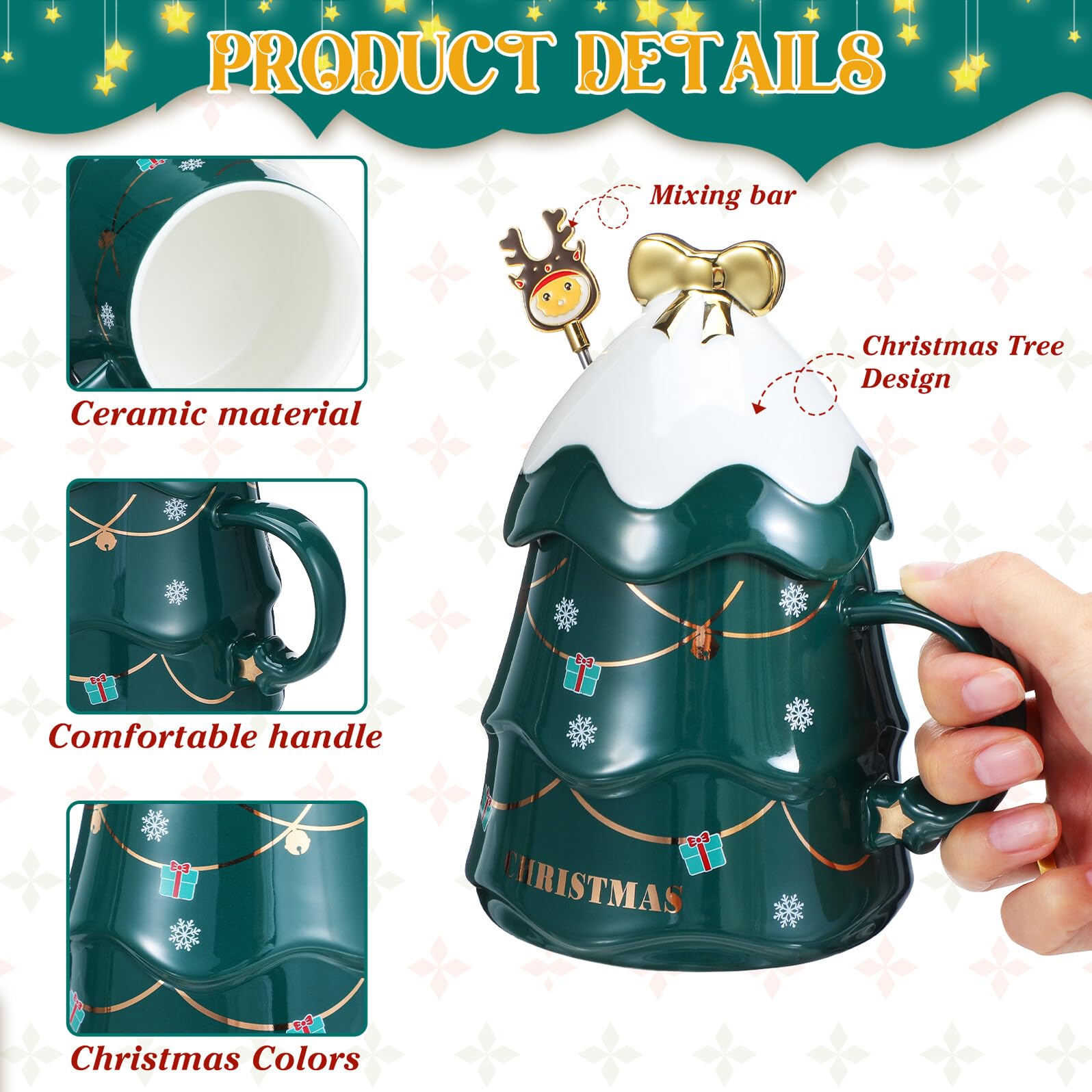 Angoily Taza de Cerámica Navideña Tapa y Cuchara Taza de Café Verde Diseño Árbol de Navidad 1 Pieza para Leche Jugo y Bebida Caliente en Hogar y Oficina
