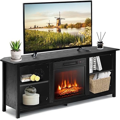 Tangkula Fireplace TV Stand, 58 Inches Entertainment Media Console Center w/18 Inches 1400W Electric Fireplace, w/ Remote Control and Adjustable Brightness, TV Stand Fireplace for TV Up to 65 Inches