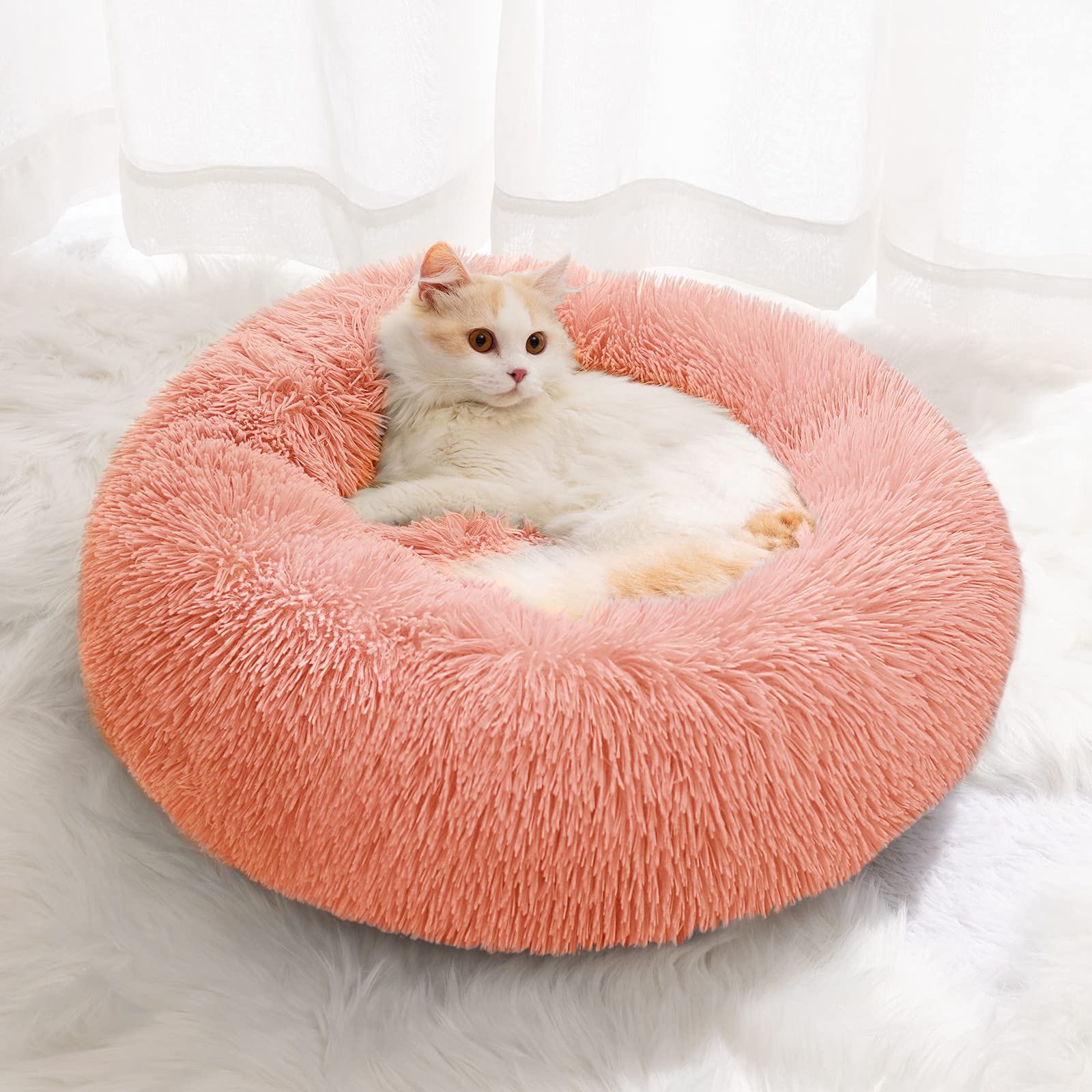 Small Cat Bed for Indoor Cats, Self-Warming Donut Kitty Bed for Small Cats Keeping Warm, Washable Pet bed with Anti Slip Base, Pink 40cm