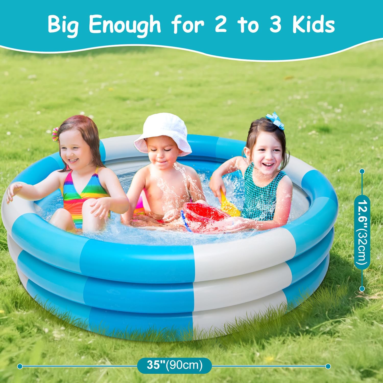 Inflatable Kiddie Pool, 3 Rings Round Blow up Swimming Pool for Baby Kids, Portable Toddler Stripe Water Splash Play Toys for Summer Backyard Party Birthday Gifts