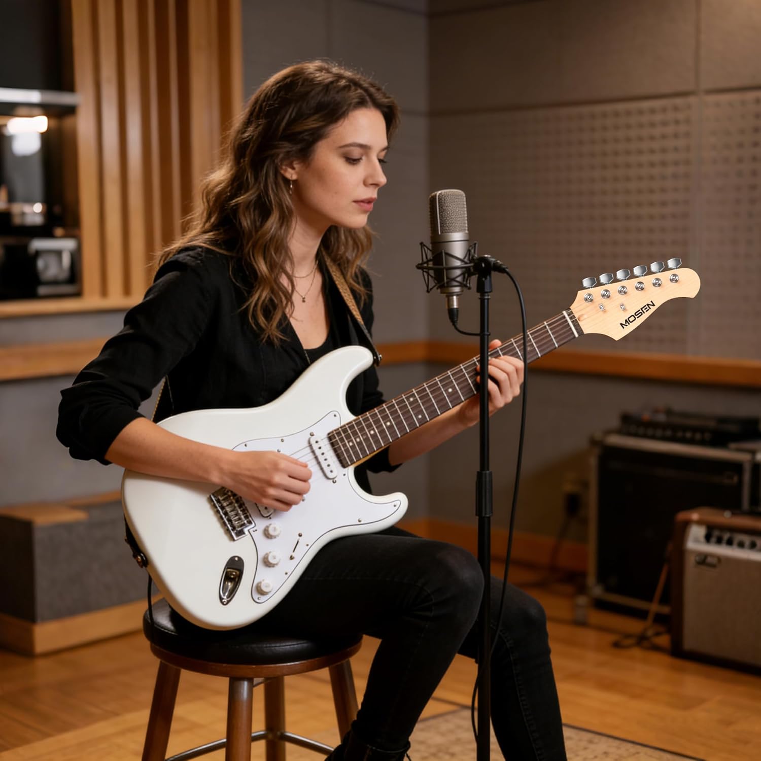 MOSEN MS-CS50 Full Size Beginner Electric Guitar, 39 Inch Solid Body & Maple Neck Guitars Set with Amplifier, SSS Pickups, Gig Bag, Pick, Tunner, Capo, Cable, Tremolo Bars - White