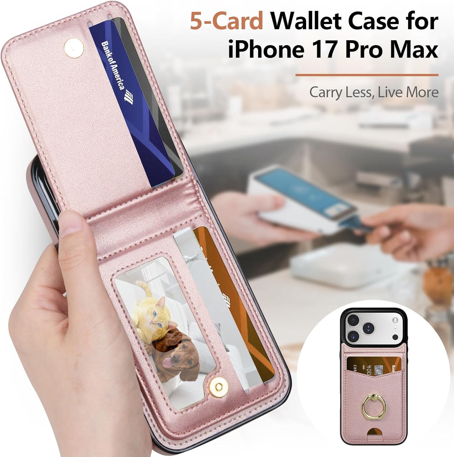 LOHASIC for iPhone 17 Pro Max Wallet Case with Ring Holder, 5 Card Slots & RFID Blocking, PU Leather Vertical Flip Case with Kickstand, Finger Ring Grip Card Holder 6.9" Cover for Women Men, Rose Gold