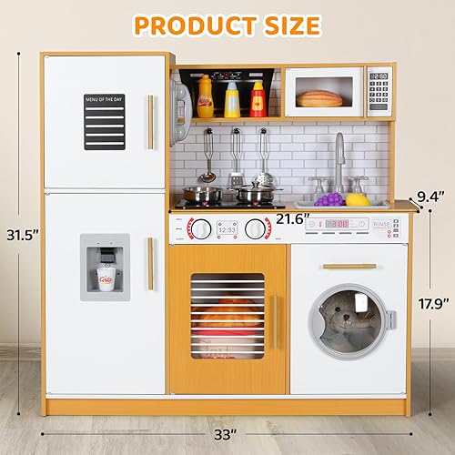 Miniatura 2 de Juego de cocina para niños, juego de juguetes de madera con diseño realista, sonidos de luces, ollas y utensilios para niños y niñas a partir de 3