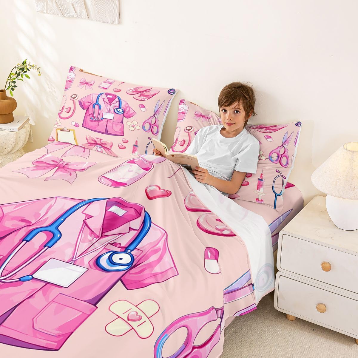 Erosebridal Pink Coquette Nurse Sheet Set Nursing Full Size Bed Sheets for Toddler Boys,Cute Medical Uniform & Stethoscope with Bow Pattern Nurses & Healthcare Workers Bedding Set