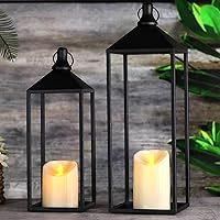 Set of 2 Modern Farmhouse Black Metal Lanterns with Flameless LED Candles - 17" & 13" Vintage Rustic Decor for Indoor Outdoor Porch Patio Mantle