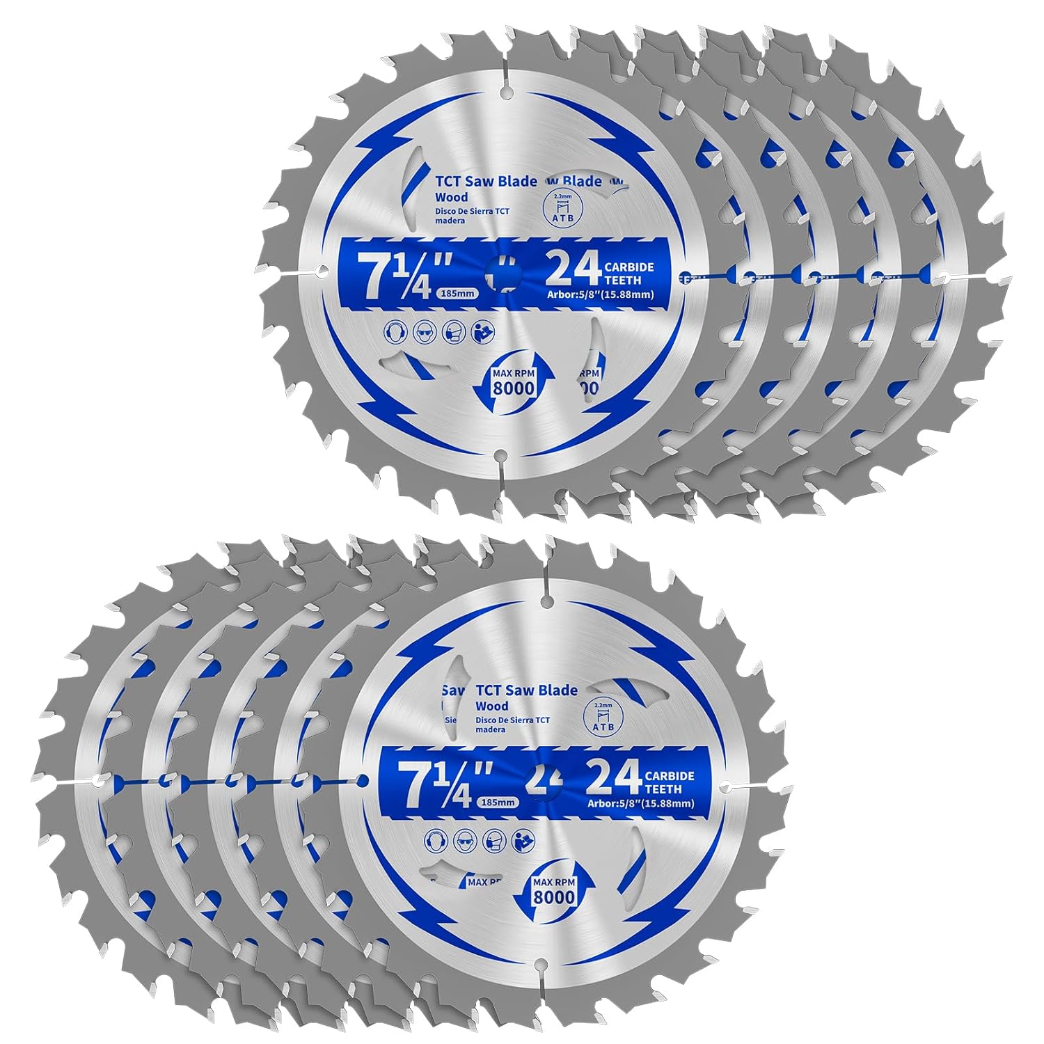 10 Pack 7-1/4 Inch 24T Circular Saw Blade, Saw Blade Arbor Size 5/8-inch, TCT ATB for Cutting Wood, Plastic, PVC, Acrylic