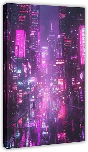 Futuristic Neon Night City Canvas  Retro Cyberpunk Digital Artwork  Bold Colorful Wall Decor Modern Wall Prints Abstract Geometric Minimalist Art