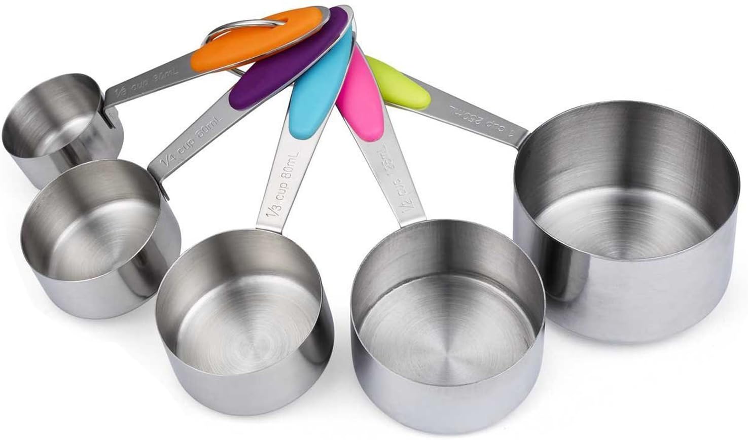 Cymax Set of 5 Stainless Steel Kitchen Cooking Baking Measuring Cups Measuring Spoon with Engraving Metric Measurement, Silicone Handle and Keychain