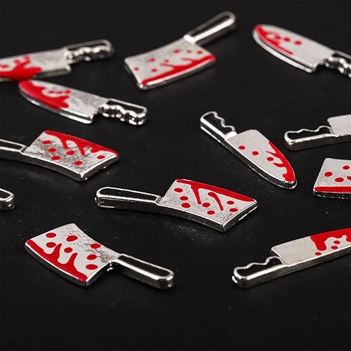 Miniatura 7 de Dijes de uñas de cuchillo sangriento de Halloween, gemas rojas plateadas, suministros de cocina metálicos 3D, joyería gótica afilada para mujeres y