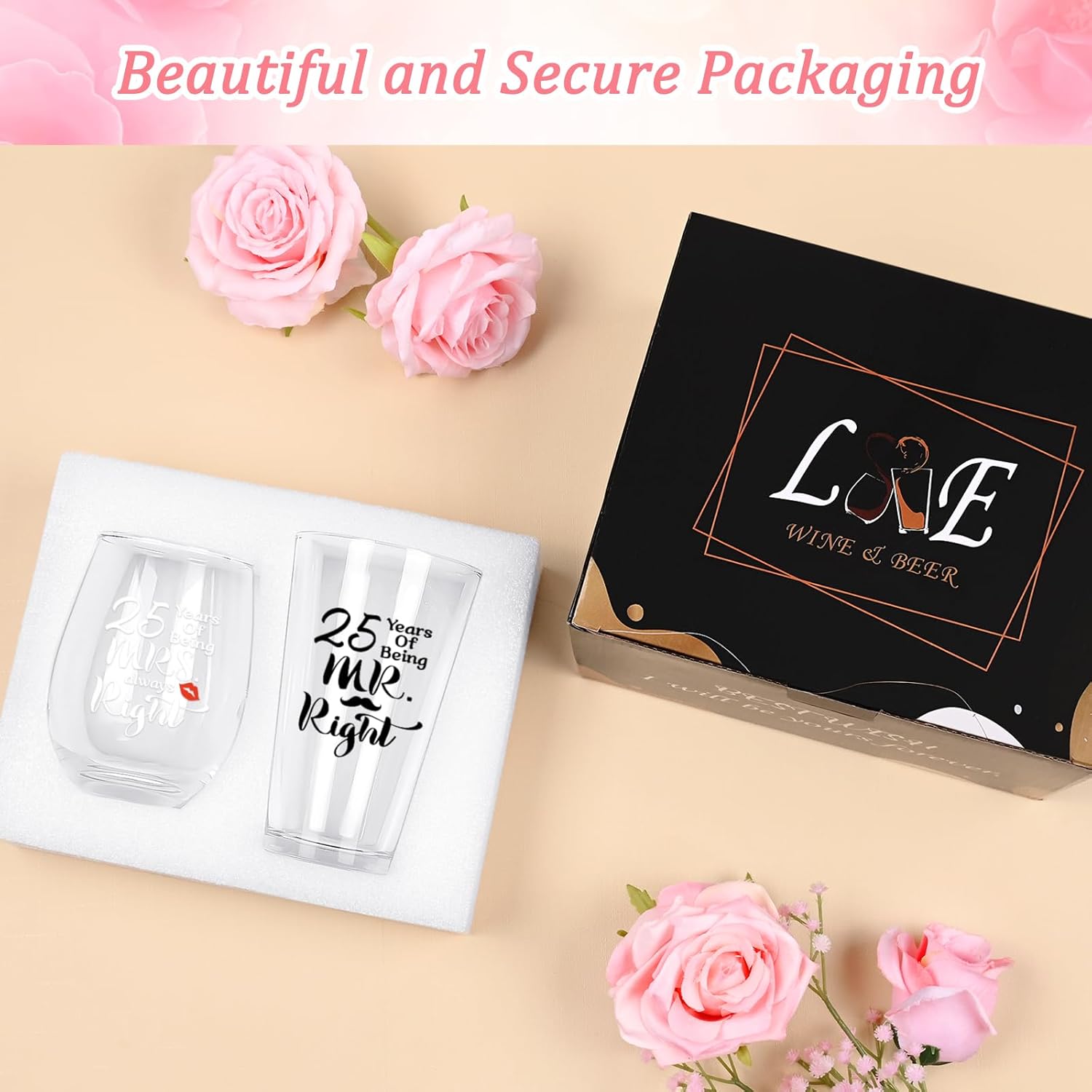 Futtumy 25th Anniversary Glass Gifts Set, 25 Years of Being Mr Right & Mrs Always Right 17oz Wine 15oz Beer Glass, 25th Wedding Anniversary for Wife Husband Couple Parents Grandparents Friends - Image 7