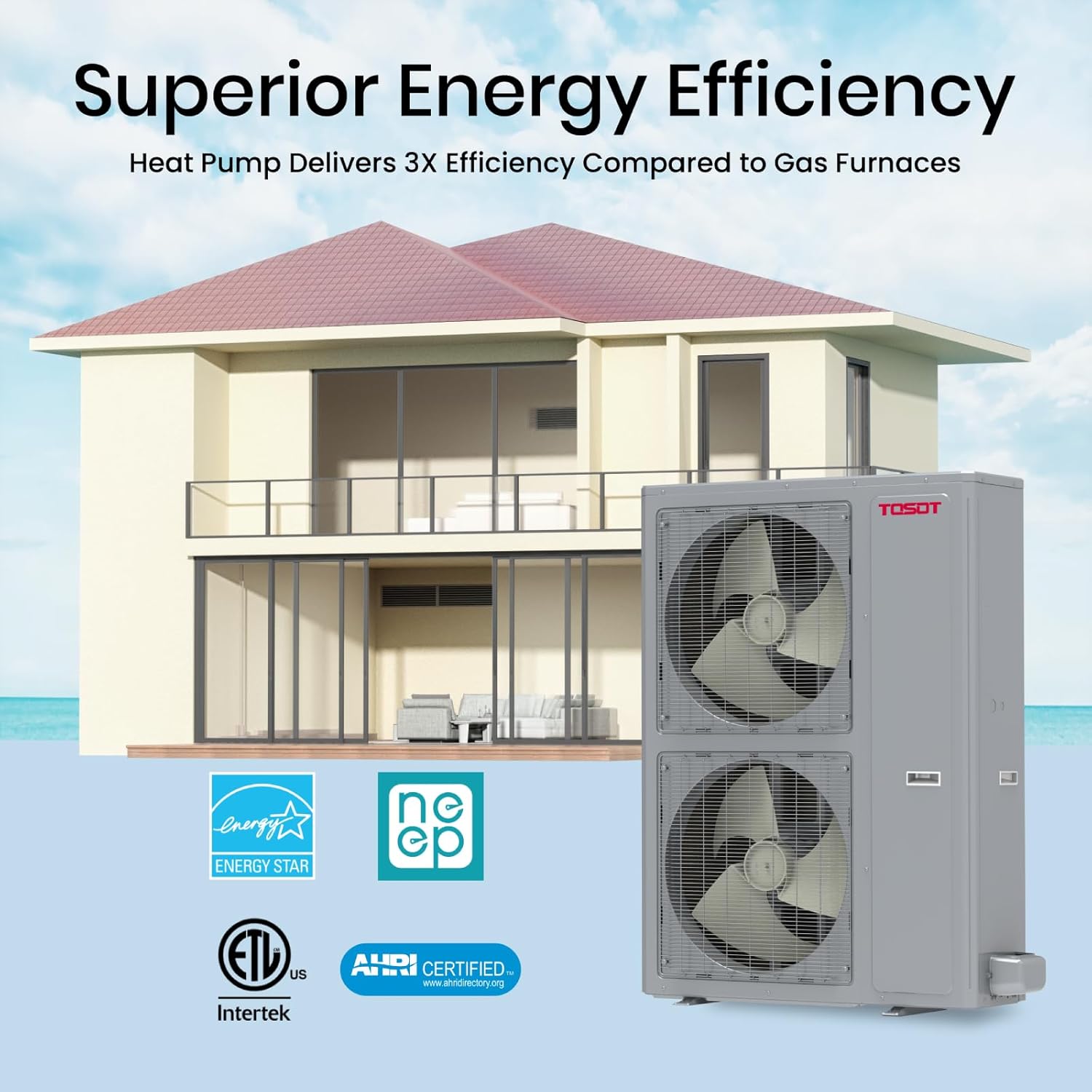 TOSOT outdoor condenser unit with Energy Star, ETL, AHRI Certified, and NEEP logos, indicating superior energy efficiency