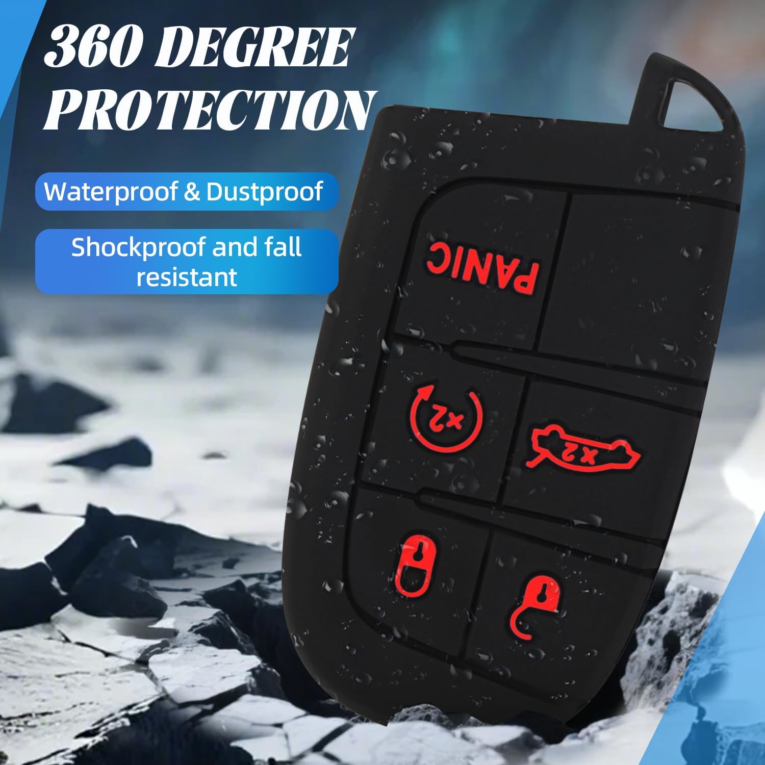 Mild East for Dodge Car Key Cover, Silicone Key Fob Cover Compatible with Dodge Dart Durango Grand RAM Journey Charger Challenger Cherokee, 5 Buttons (A-Black Red)