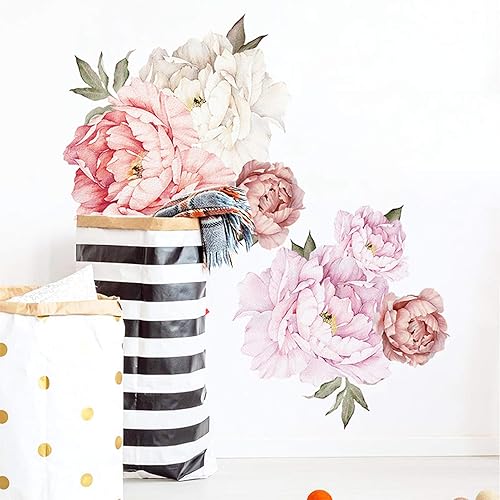 Miniatura 4 de Calcomanías de pared de flores de peonías, acuarela, elegantes calcomanías de pared florales para habitación de niñas, flores de peonía, carteles de