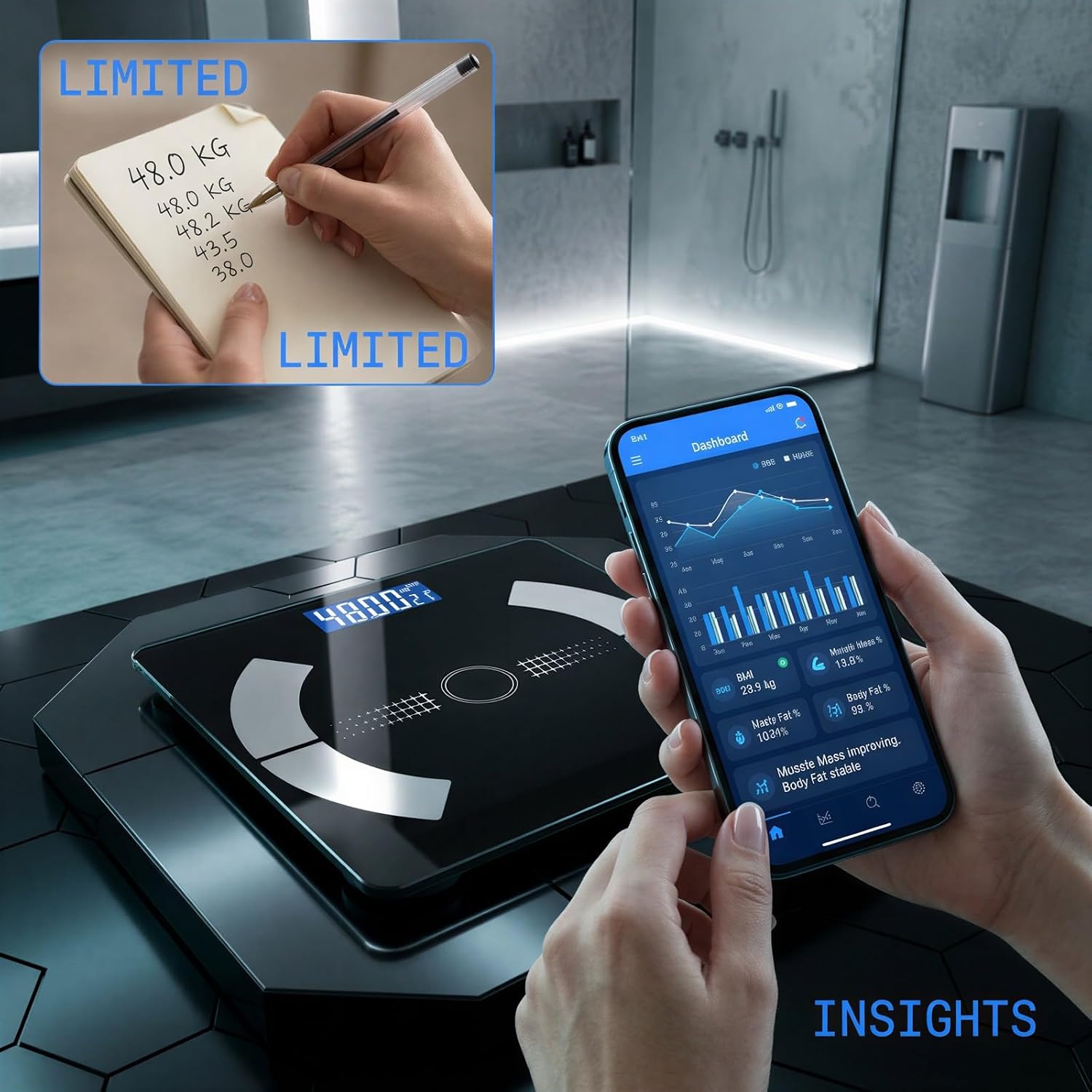 Body Weight Scale, Smart Wireless Connectivity, 79 Body Metric Analysis, USB Rechargeable Digital Bathroom Scale for BMI, Muscle and Health Tracking, 8 User Auto Recognition for Family Home