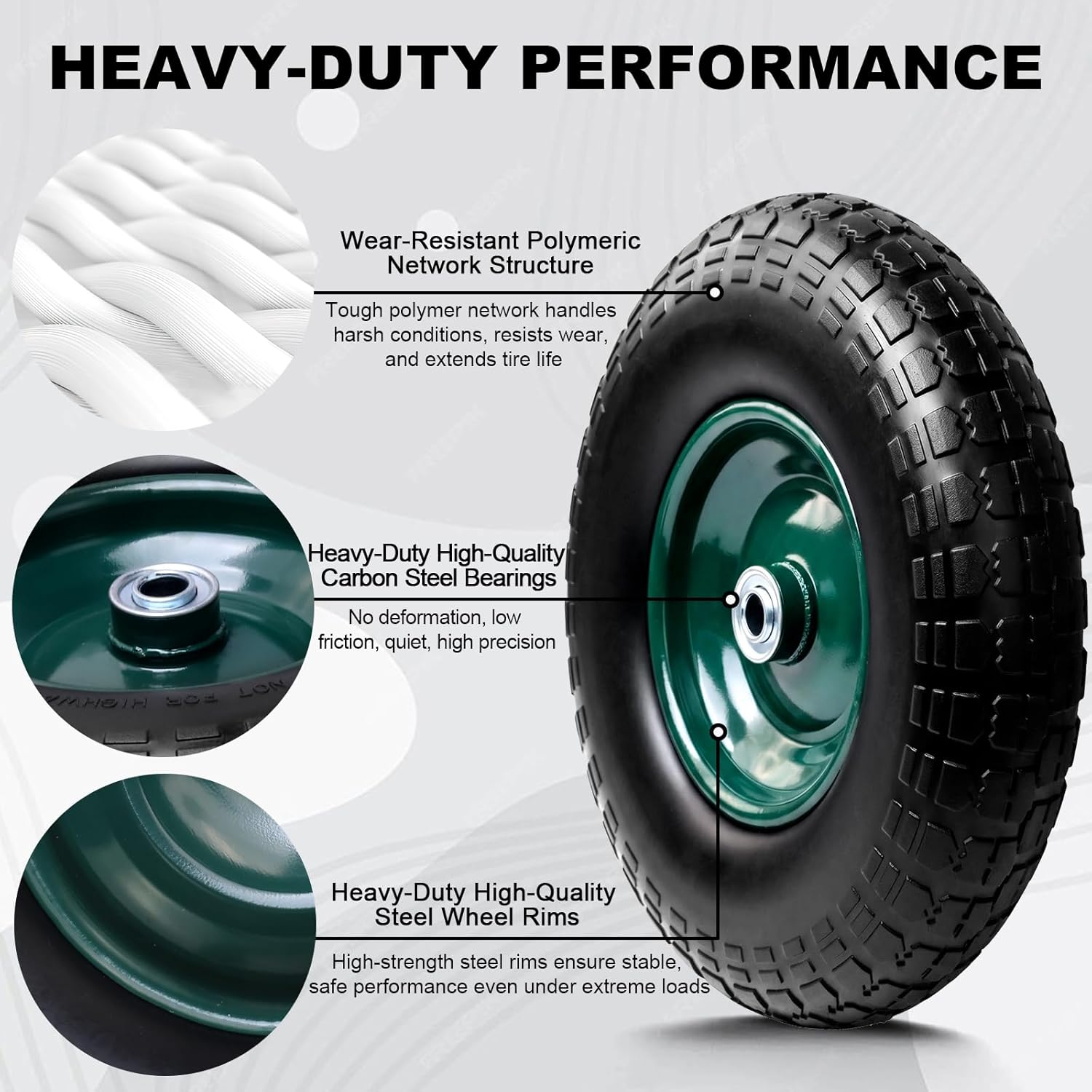 Storystore 4-Pack 4.00-6 Flat Free Tire and Wheel - 13" Wheelbarrow Tires with 5/8" or 3/4" Bearings, 1.75" Centered Hub Heavy Duty Solid Tire for Wheelbarrows, Dolly, Hand Trucks, Wagon and Trailer