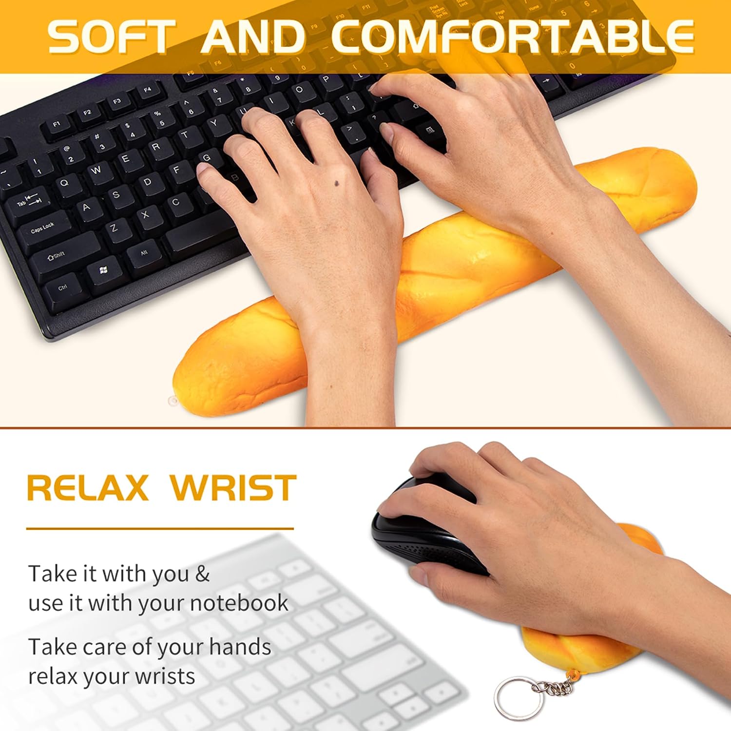 Soft Toast Bread Baguette Shape Anti-Skid Keyboard Wrist Rest Support for Office,Computer,Laptop& Mac,Slow Bounces Back Foam for Easy Typing & Pain Relief image 3