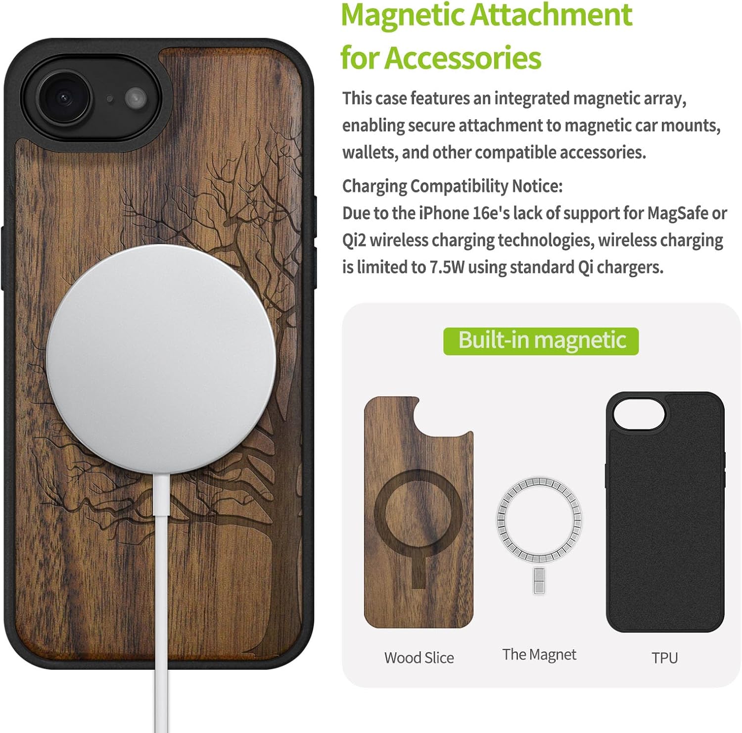 Carveit Magnetic Wooden Case for iPhone 16e / 17e, Solid Wood & Black TPU, Artisan Engraved Design, Shockproof Cover, Compatible with MagSafe Wireless Chargers, Eternal Tree - Walnut