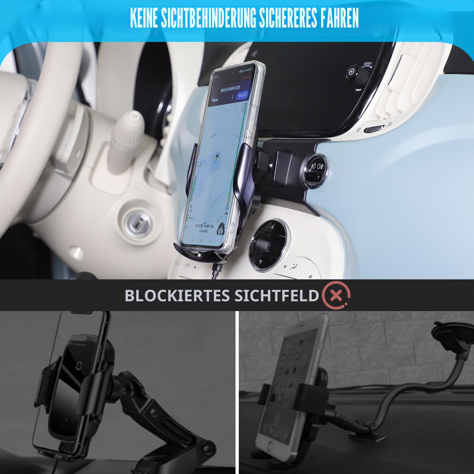 METYOUCAR Handyhalter fürs Auto für Fiat 500 2007-2016-2024 - Rotierbar - Fester Halter für iPhone Android und Universal (kabelloses Laden/D-Stil)