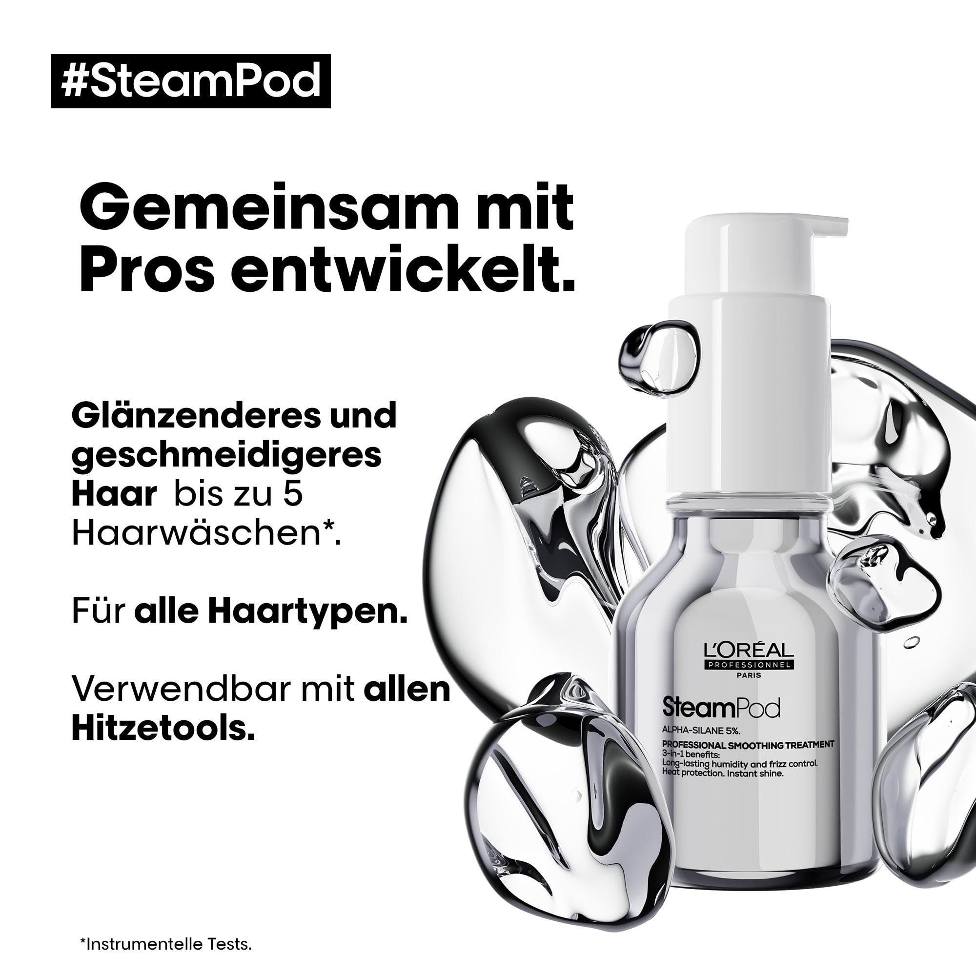 L'Oréal Professionnel SteamPod Glättungskonzentrat für alle Haartypen, Verwendbar mit allen Glätteisen, Schutz vor Hitze bis 230°C und hoher Luftfeuchtigkeit, Anti-Frizz, Schnelleres Styling, 50 ml