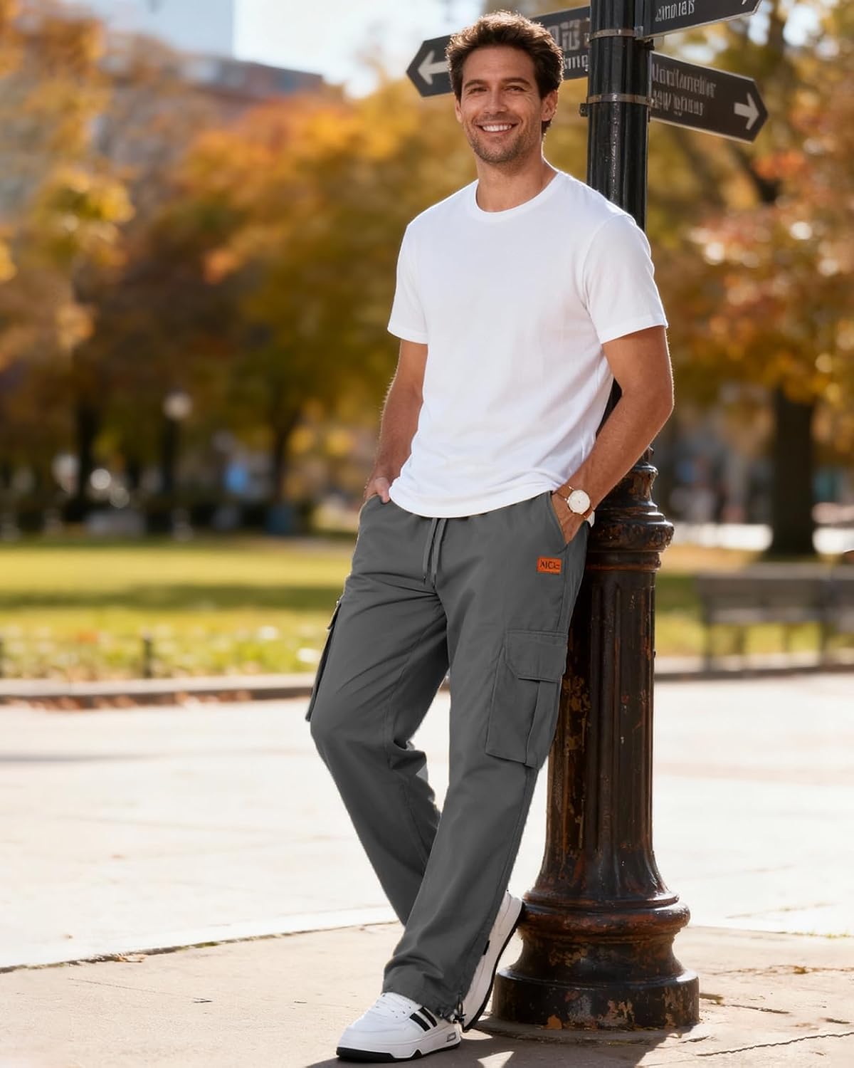 CANGHPGIN Mens Casual Cargo Pants Relaxed Fit Outdoor Hiking Pants Men Drawstring Cotton Joggers Sweatpants with Pockets