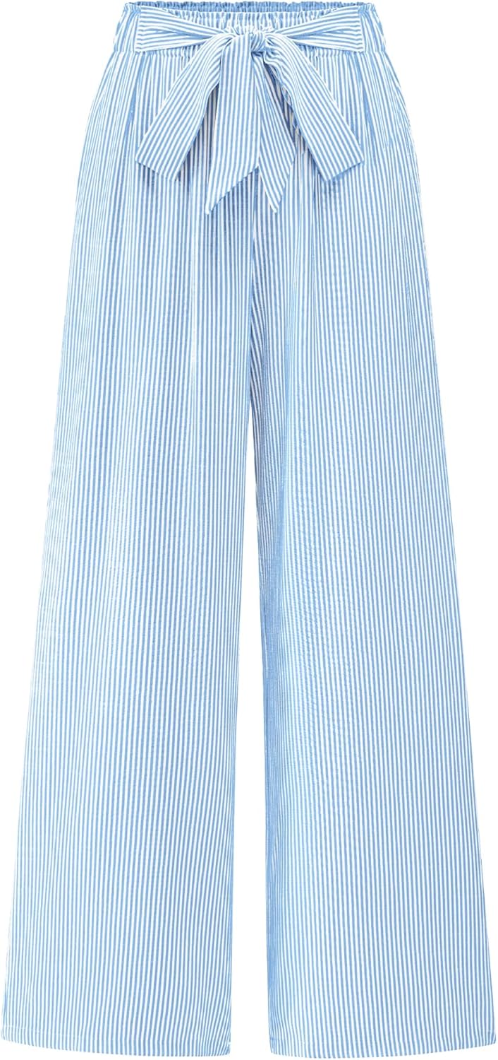 BTFBM Palazzo Pants for Women 2025 Fall Striped Flowy Tie Knot Wide Leg High Waist Dressy Casual Work Pants Trousers