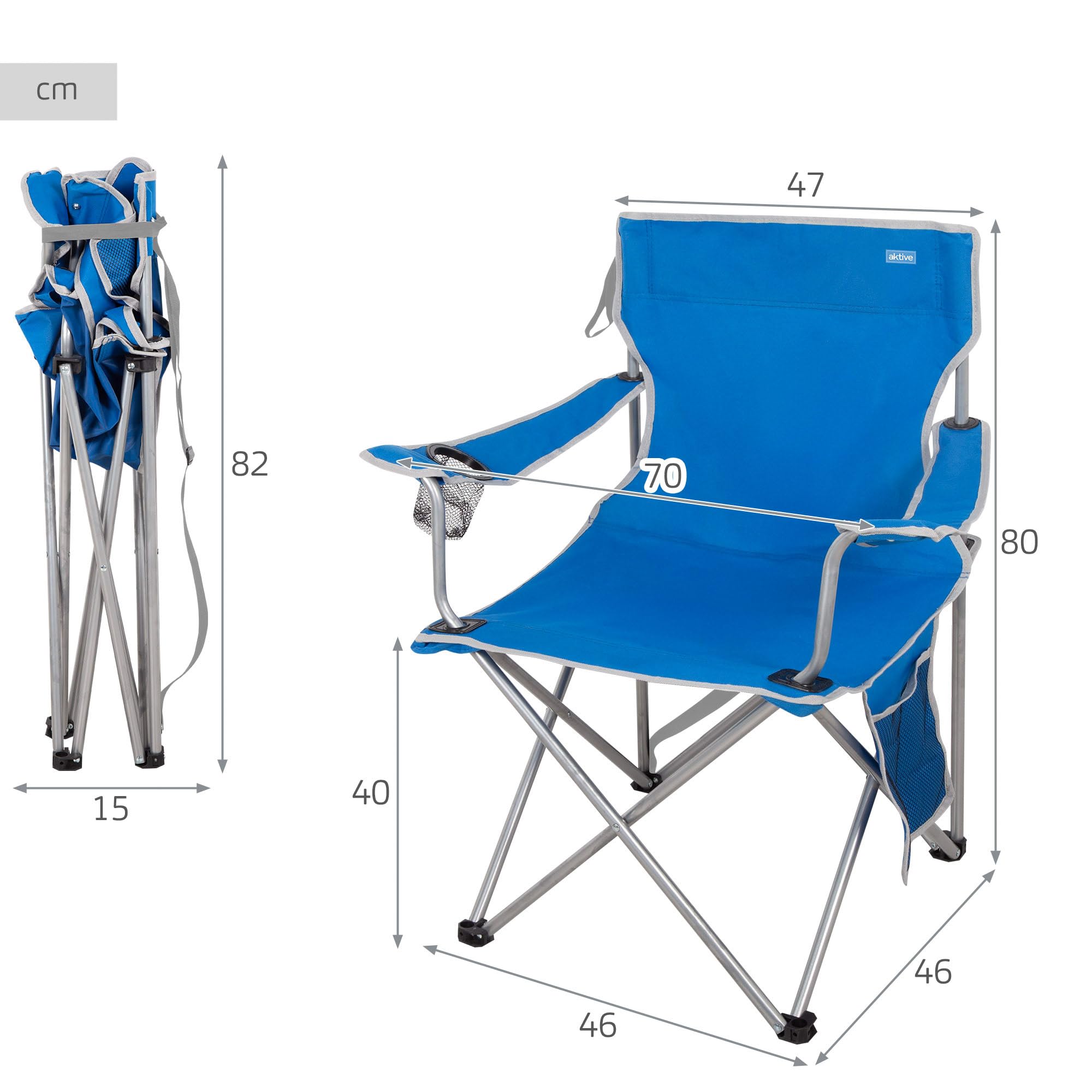 AKTIVE Pack 4 sillas Camping, 47x46x80 cm, Azul, Soporta 110 kg, Asiento Alto 40 cm, Posavasos y Bolsillos, Antivuelco, Asa Transporte Lateral, Plegado Compacto, Sin Tubo Delantero (85565)
