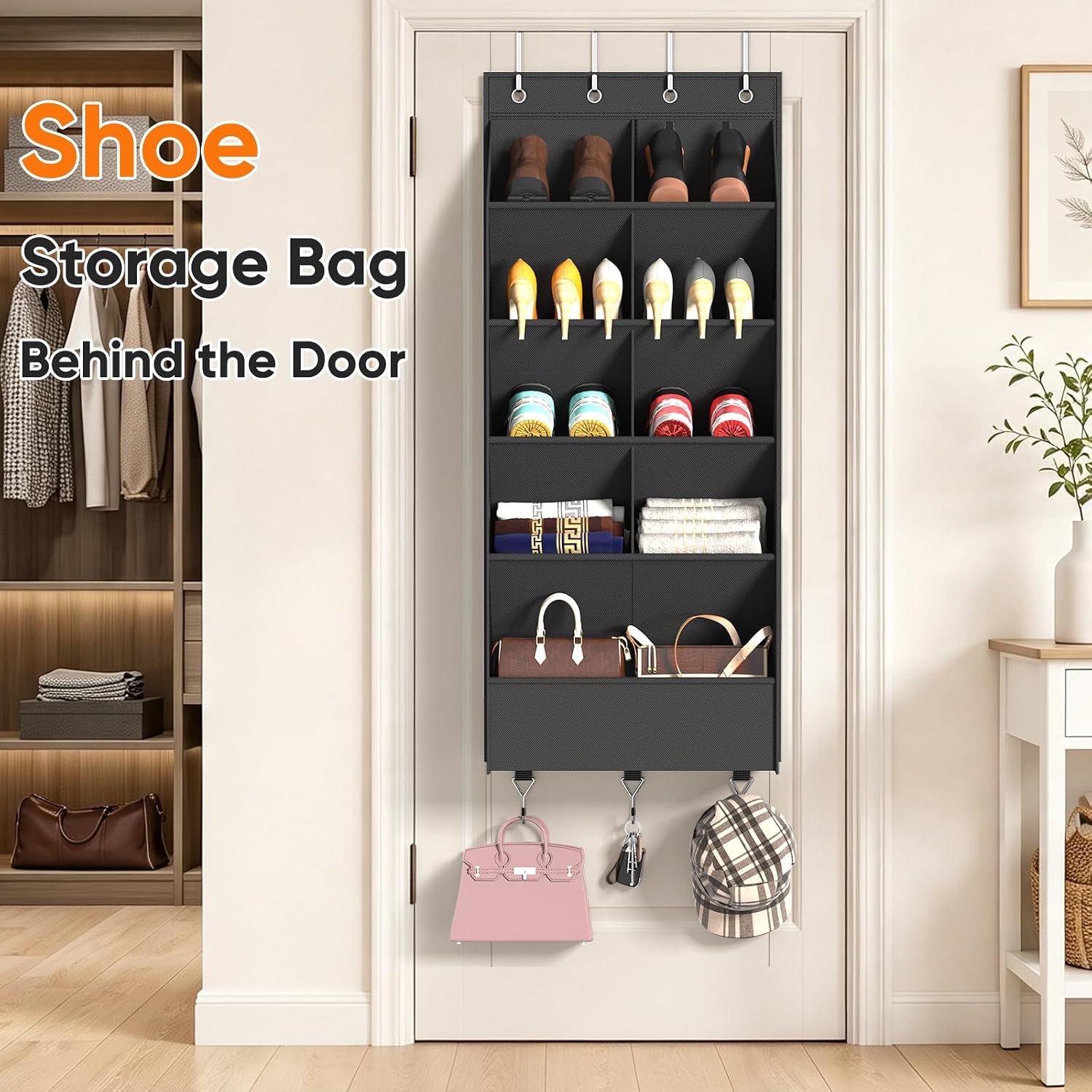 Over the Door Shoe Organizer, 5 Tiers with 9 Compartments, Black