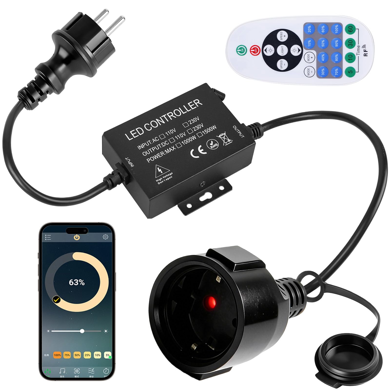 Cadena de luces LED de 1500 W, regulador de intensidad con mando a distancia, CA 220-240 V, interruptor de enchufe, regulador de intensidad para tiras de luz y lámparas regulables, Bluetooth+mando a